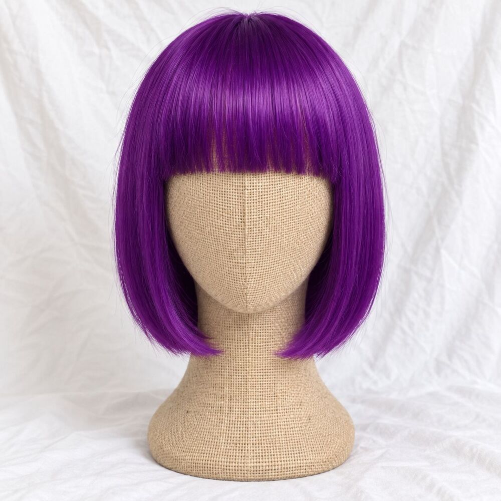 12" Purple Bob Wig With Bangs Short Straight Cosplay Halloween Wig New